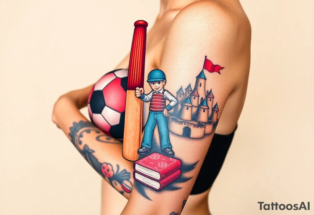 Collage of childhood memories including a football, a cricket bat, the comic character Dennis the Menace, a sandcastle and a small pile of books. tattoo idea