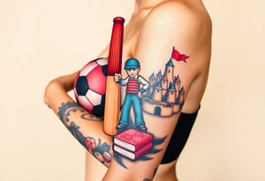 Collage of childhood memories including a football, a cricket bat, the comic character Dennis the Menace, a sandcastle and a small pile of books. tattoo idea