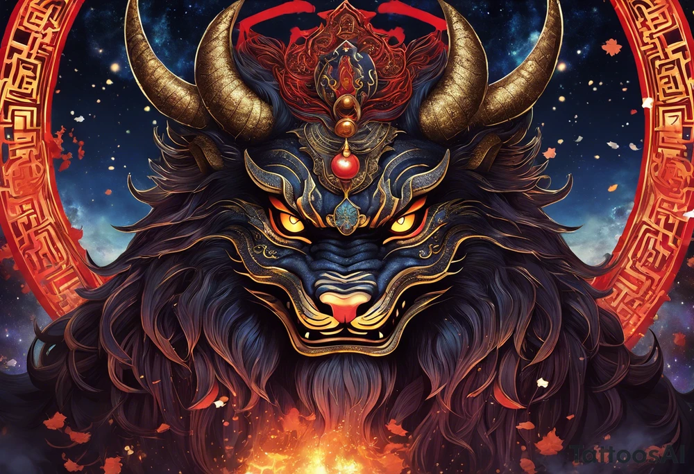 A majestic demon king with devilish features placed above torii gate is depicted in this image. The king's deep-set glowing galaxy-styled large eyes give off an aura of power and mystery. The king's head is acting as dreamcatcher and has braids styled like predator, with 2-3 ending with flame-styled feathers. The king's face is intricately dotted in narsimha/ rudra symbols. The head has a crown shaped blue and orangish flames with intricate and prominent koru maori symbols in the shape of trishul/ trident. The image is filled with vibrant colors, with deep blue, purple, and violet, with bright orange and yellow. This face bust (only face) is atop of a torii gate which is in a brush stroke style, somewhat visible. The king looks regal and powerful. tattoo idea