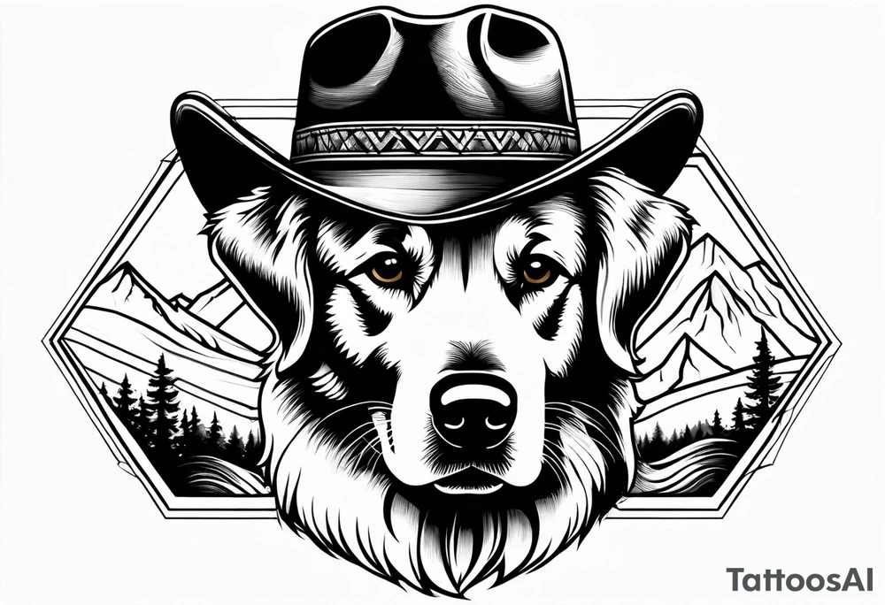 cowboy hat with mountains in it and a golden retriever tattoo idea