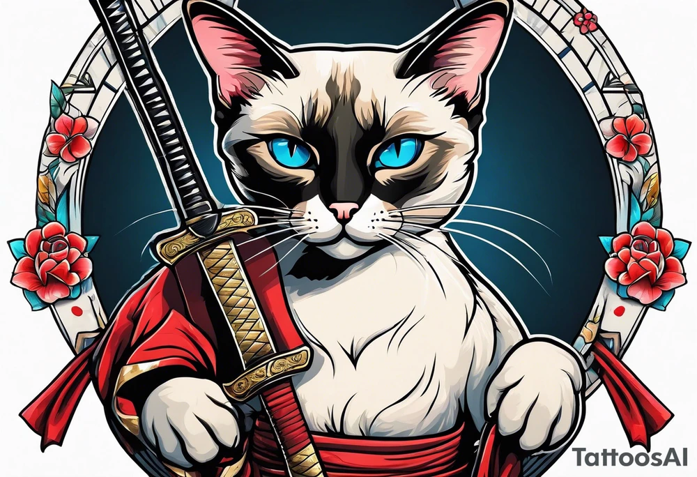 A siamese cat holding a katana tattoo idea
