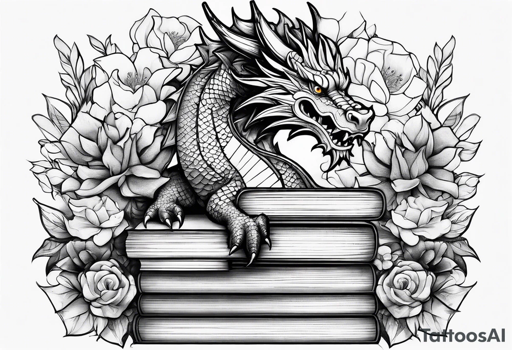 Dragon stack of books flowers tattoo idea