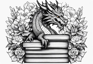 Dragon stack of books flowers tattoo idea