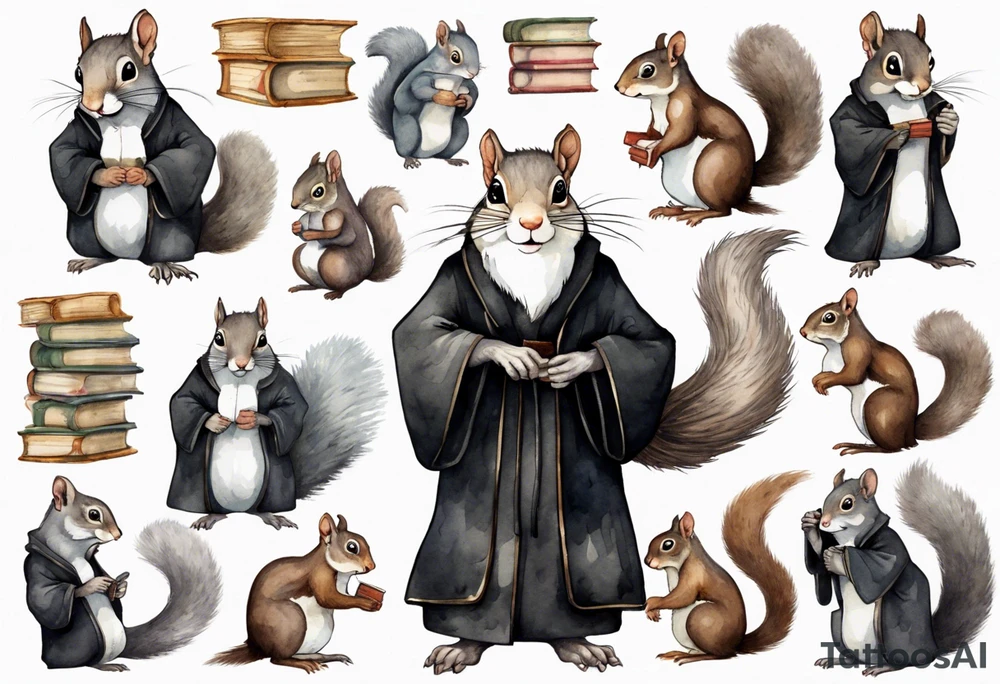 an elderly grey squirrel with a white beard and mustache wearing spectacles and a black robe standing in an ancient library tattoo idea