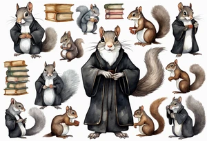an elderly grey squirrel with a white beard and mustache wearing spectacles and a black robe standing in an ancient library tattoo idea
