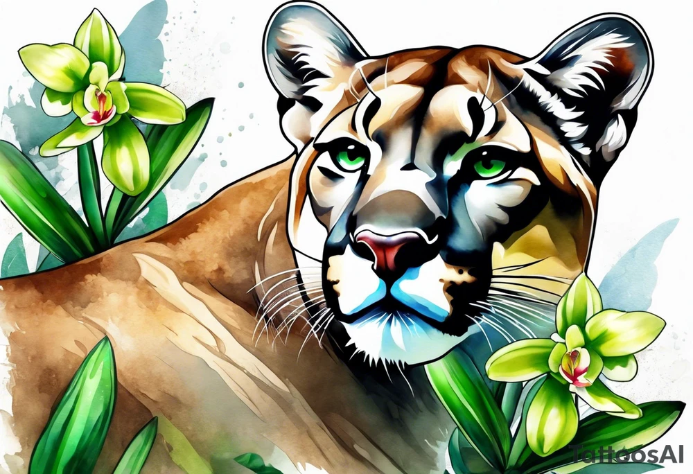 mountain lion with green orchids tattoo idea