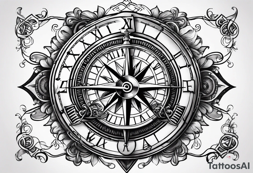 Cross with clock and compass in the middle tattoo idea