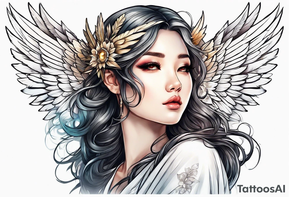 girl angel with wings and halo facing the right whispering tattoo idea