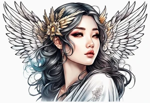 girl angel with wings and halo facing the right whispering tattoo idea