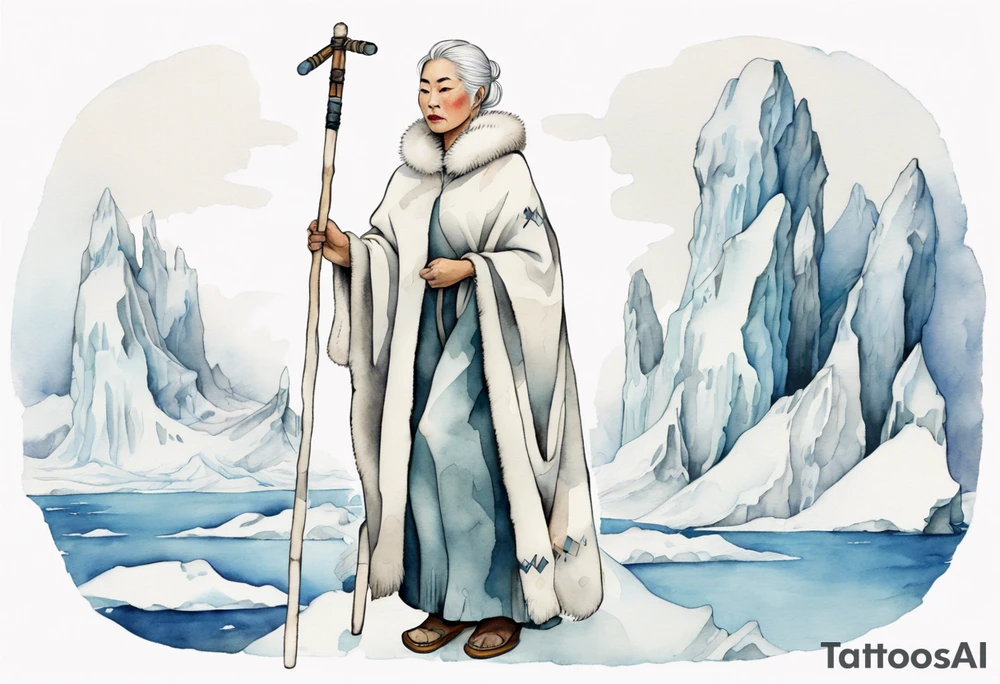 a middle aged Inuit woman with white hair and a white robe and white mittens and mukluks holding a plain white staff, standing on an iceberg tattoo idea