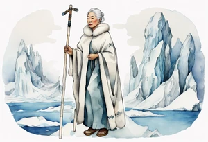 a middle aged Inuit woman with white hair and a white robe and white mittens and mukluks holding a plain white staff, standing on an iceberg tattoo idea