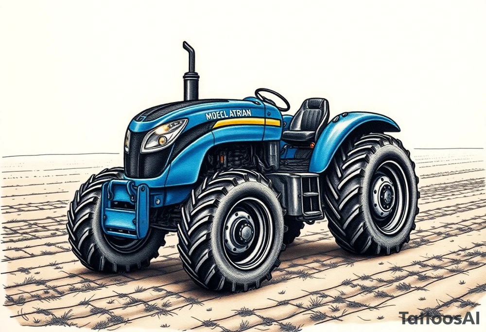 A detailed blue tractor with headlights glowing, standing proudly on a freshly tilled farm field. tattoo idea