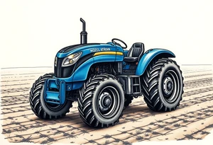 A detailed blue tractor with headlights glowing, standing proudly on a freshly tilled farm field. tattoo idea