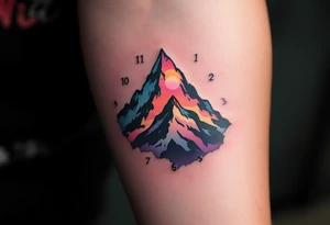 A mountain peak forming the numbers of a clock, bathed in sunrise pinks and purples, representing the climb through life’s challenges. tattoo idea