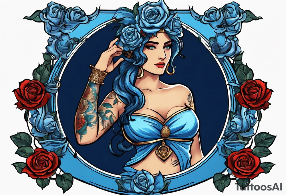 ancient rome clothes women, with ancient scale in one hand, blue rose frames, justicia tattoo idea