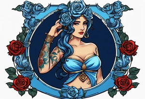 ancient rome clothes women, with ancient scale in one hand, blue rose frames, justicia tattoo idea