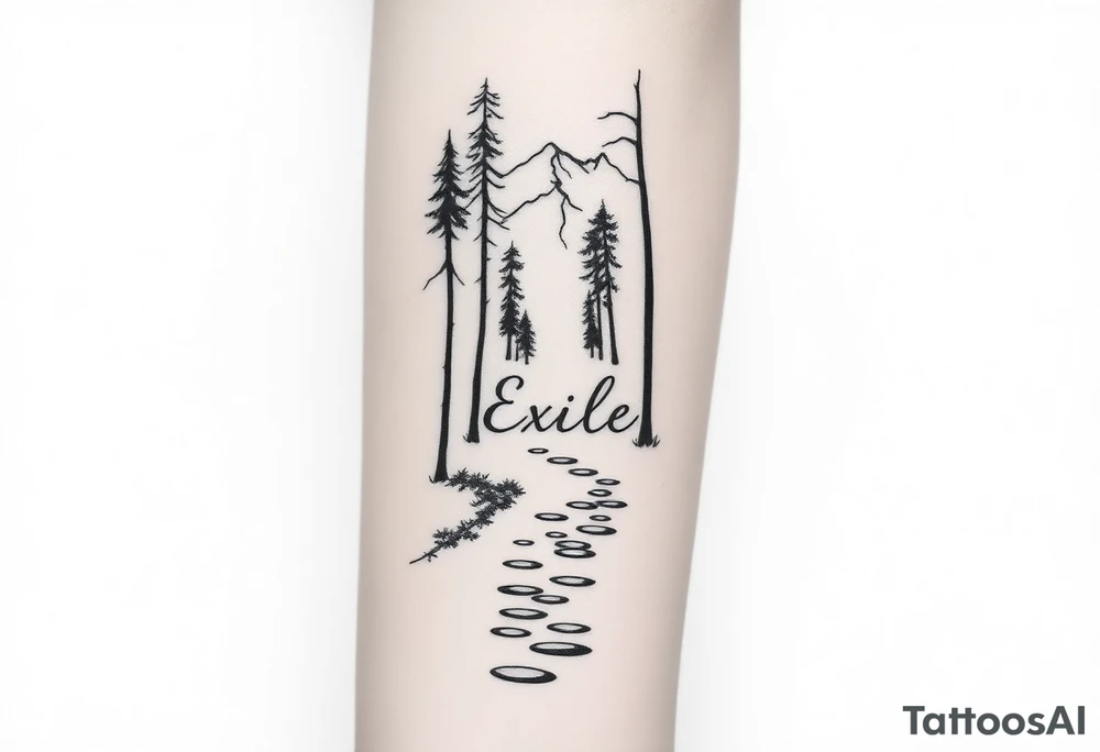 A path in the woods with mountains in the background. The word "Exile" blended in the drawing tattoo idea