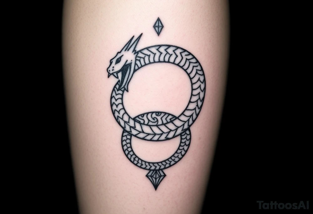 Ouroborous or dragon/serpent/snake eating its own tail in a figure 8 in negative space with geometric patterns on a leg tattoo design tattoo idea