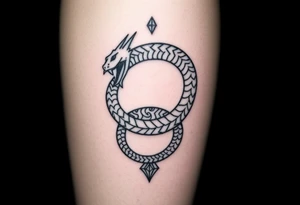 Ouroborous or dragon/serpent/snake eating its own tail in a figure 8 in negative space with geometric patterns on a leg tattoo design tattoo idea