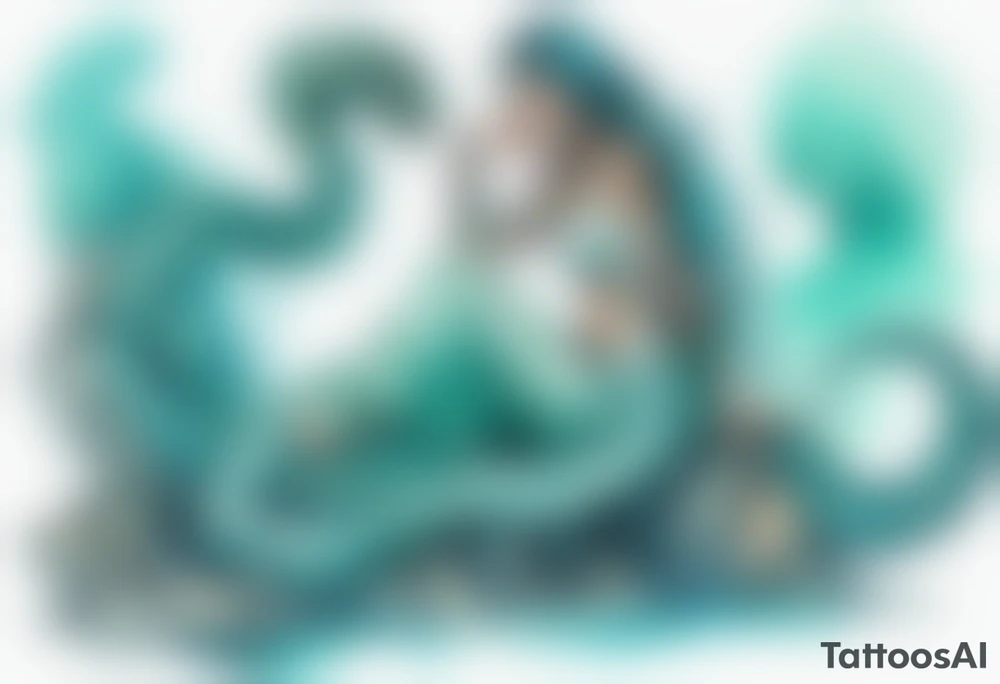 A sea serpent woman hybrid covered in turquois scales sitting on rocks by the ocean tattoo idea