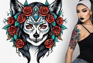 Neo traditional wolf skull on woman’s head tattoo idea