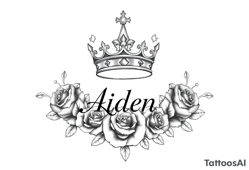 Small size Kings crown above the name Aiden and roses tattoo idea