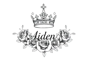 Small size Kings crown above the name Aiden and roses tattoo idea