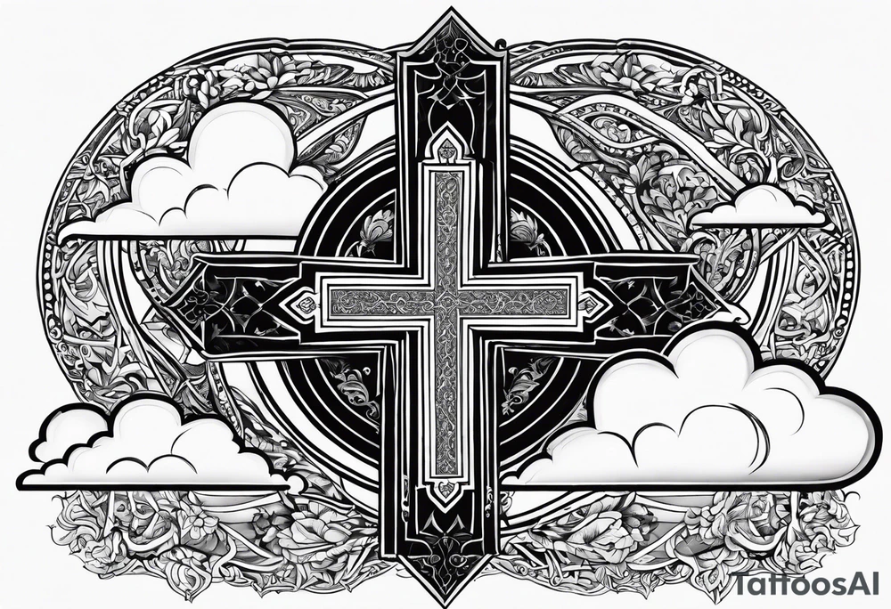 Arabic bible verse with a cross in the background and clouds surrounding the cross. tattoo idea