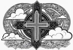 Arabic bible verse with a cross in the background and clouds surrounding the cross. tattoo idea