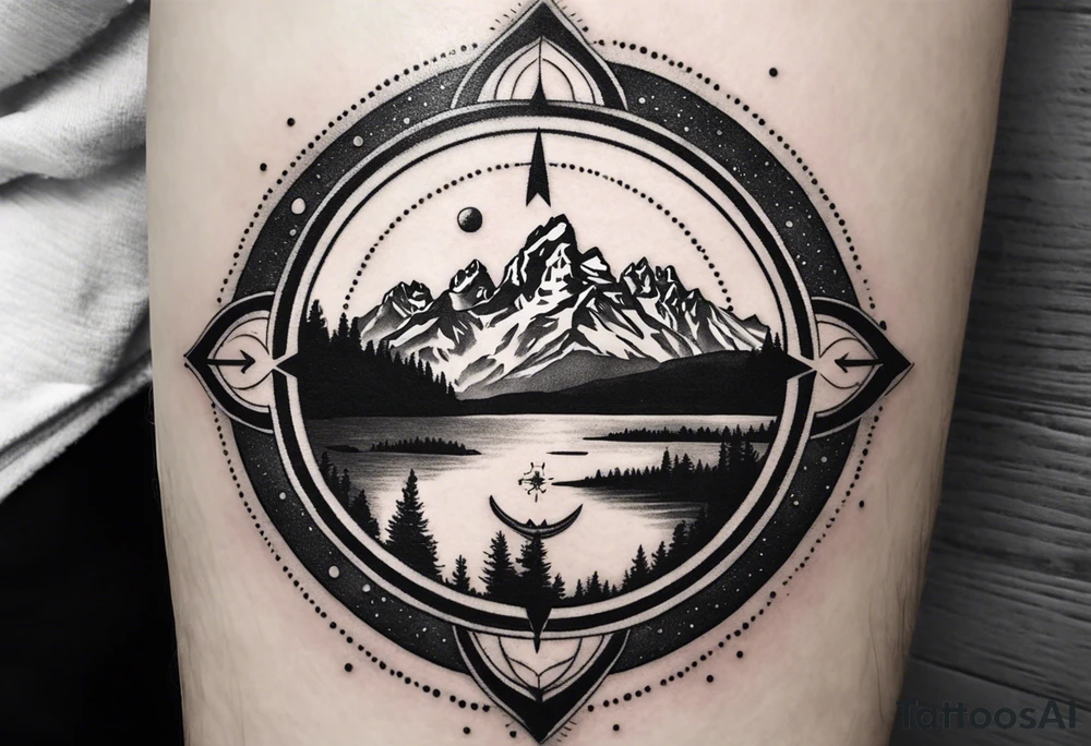 compass  with grand Tetons in the middle tattoo idea