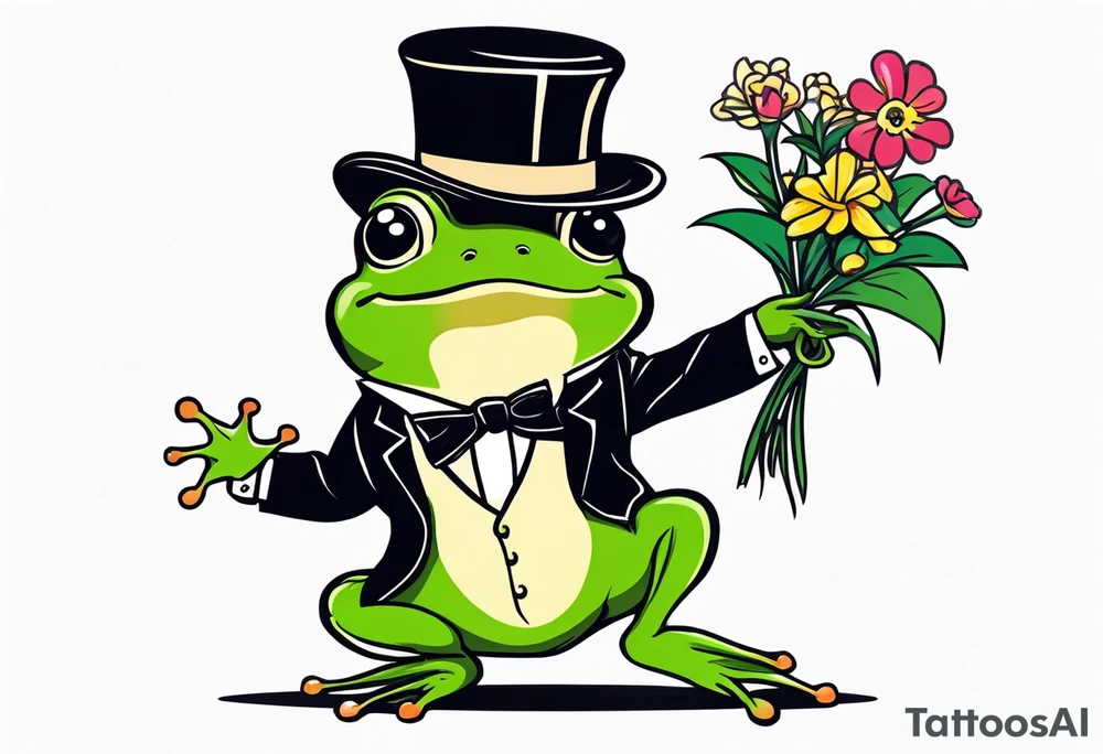 Cute Frog wearing top hat and a suit standing on its Back legs while holding flowers tattoo idea