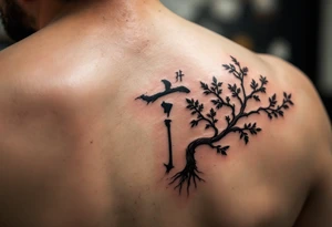家 (jiā, “family”) in earthy brown is placed near a tree symbol for roots and legacy. tattoo idea