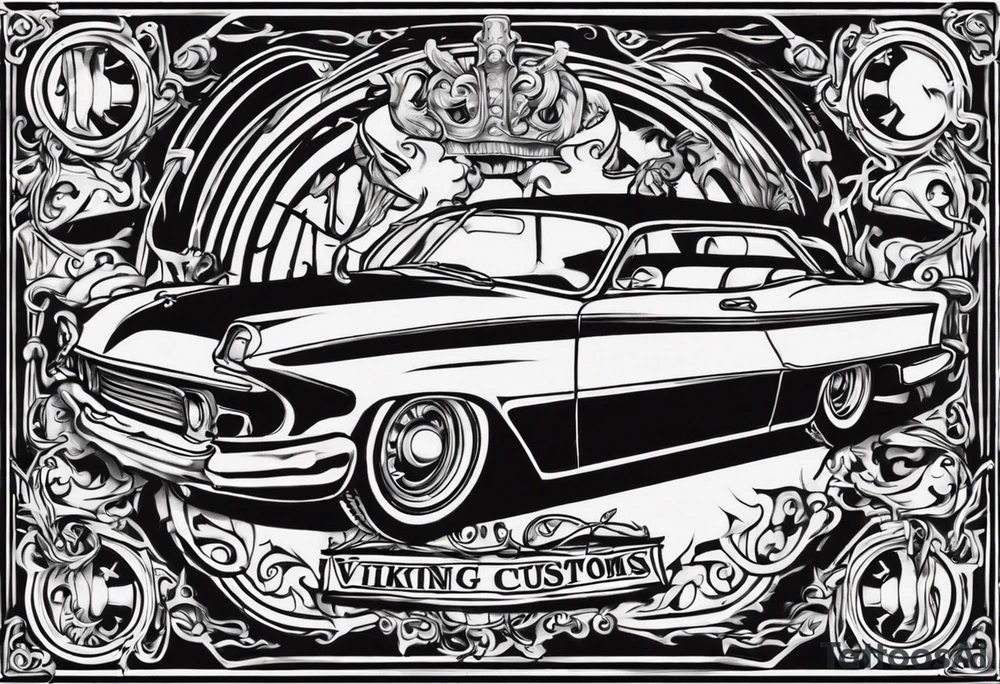 I want a tattoo of an old vintage open ceiling car and a vaking in the back with the name “Viking Customs” incorporated in the design tattoo idea