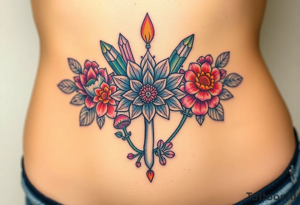 psychedelic  tattoo with crystals and  mandala style flowers and mushrooms under boobs tattoo idea