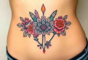 psychedelic  tattoo with crystals and  mandala style flowers and mushrooms under boobs tattoo idea
