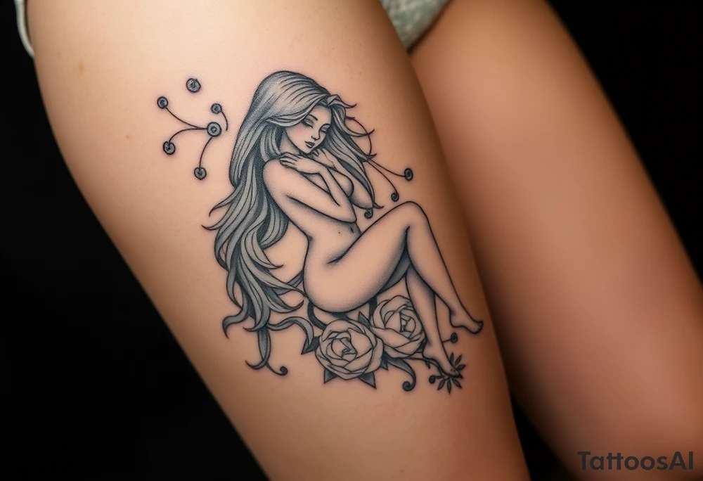 Full thigh tattoo with a sexy fantasy girl tattoo idea
