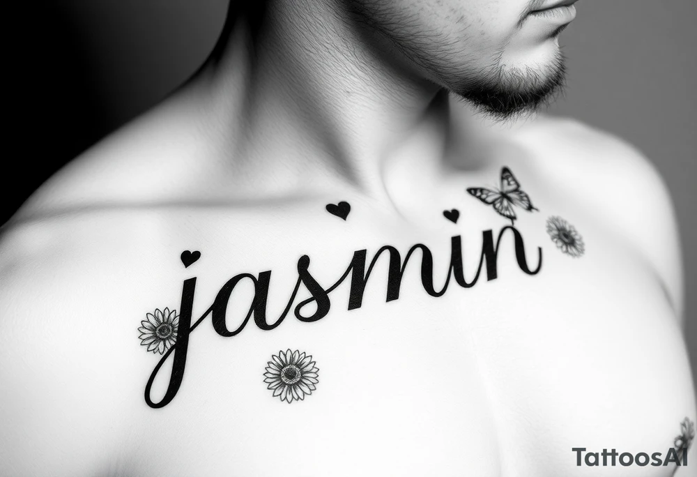 i need the name jasmin on the right side of a males chest, and with the letter “i” having a heart as the dot, and then i want some roses on the letter j and 3 sunflowers on the letter n and for it to be in cursive with some butterflies around it tattoo idea