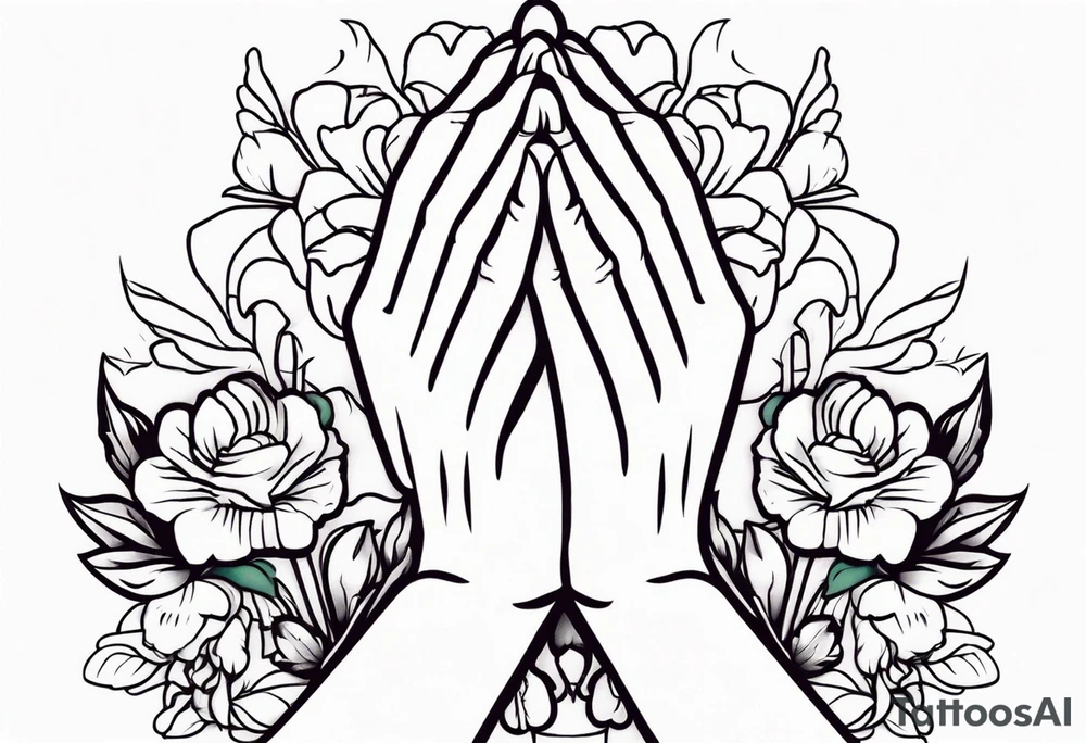 hands praying with flowers simple bold tradional old school style tattoo idea