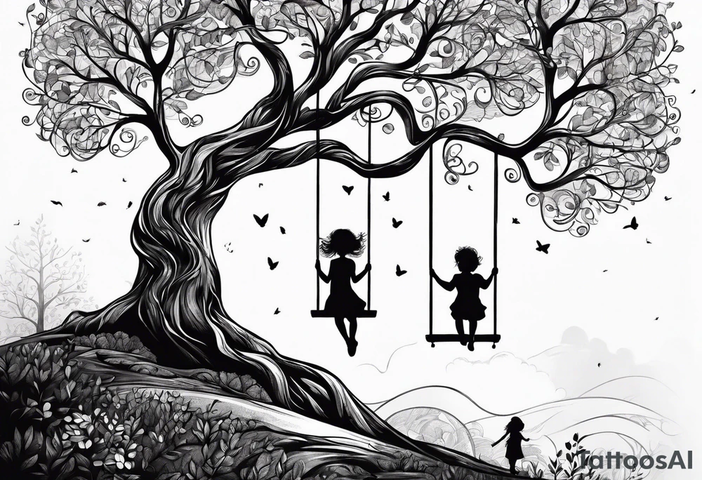 tree of life with swing little girl and man tattoo idea