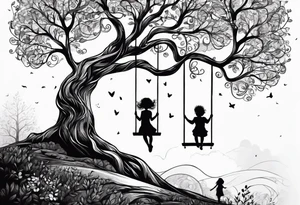 tree of life with swing little girl and man tattoo idea