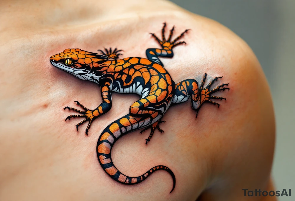 Tribal desert lizard with cracked earth texture – A sleek, agile lizard in motion, designed with tribal curves and sharp angles along its spine. Its skin mimics the pattern of sunbaked, cracked earth, blending tones of burnt orange, dusty brown, and charcoal black. The tail coils elegantly, forming a spiral, while the eyes gleam in golden yellow, symbolizing survival, transformation, and primal instincts. tattoo idea