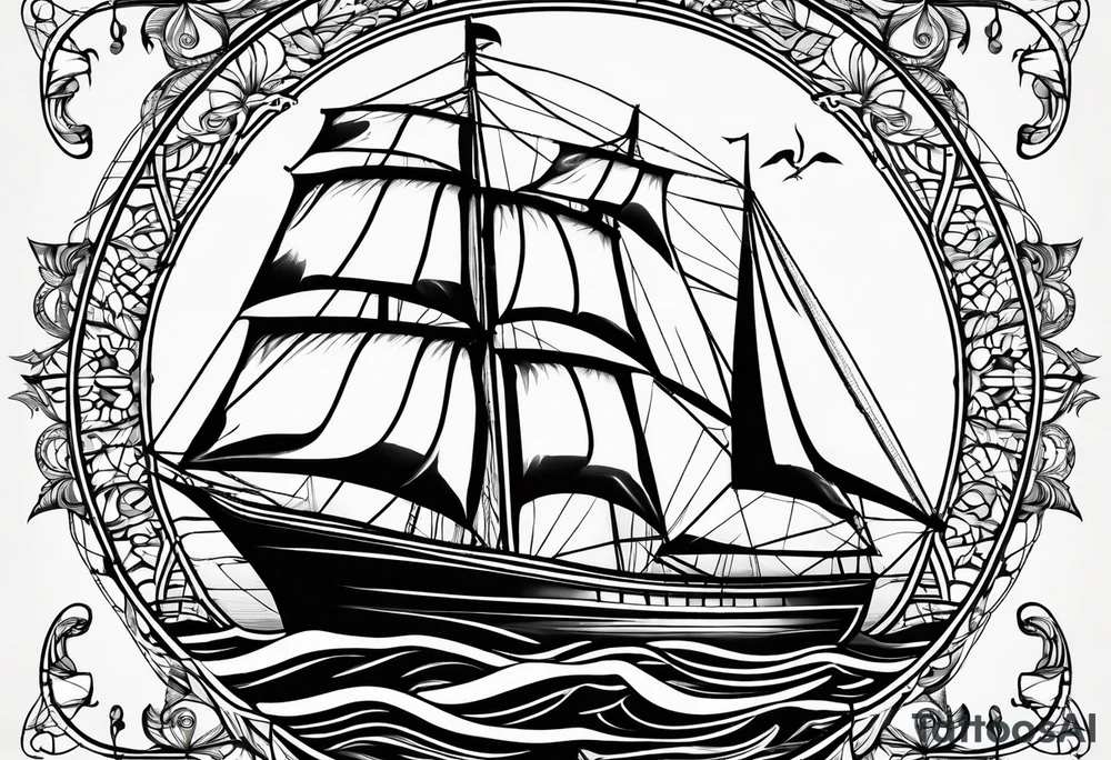 sailboat seen from the front. sail in the shape of a maritime lighthouse.phoenix drawn on the sail. tattoo idea