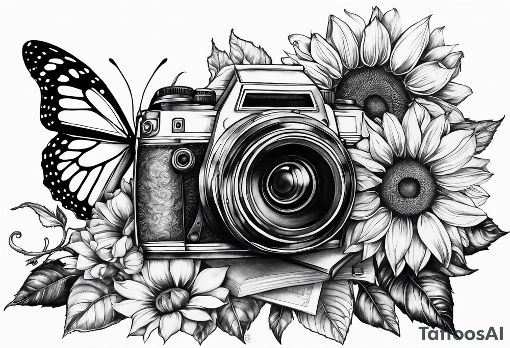 Butterfly, sunflower, camera, book, flower rose tattoo idea Butterfly, sunflower, camera, book, flower rose tattoo idea