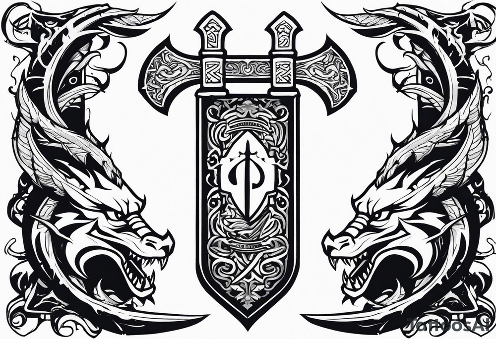 Valhalla sword shield dragon axe tattoo idea