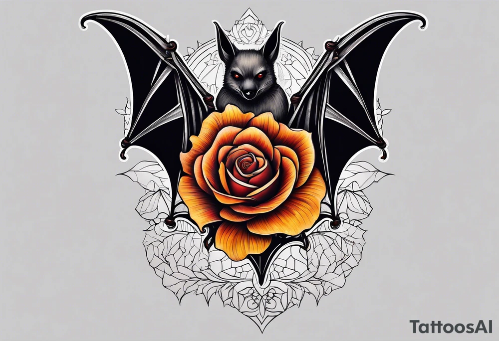 blackwork Bat Knee tattoo in fall colors with a rose tattoo idea