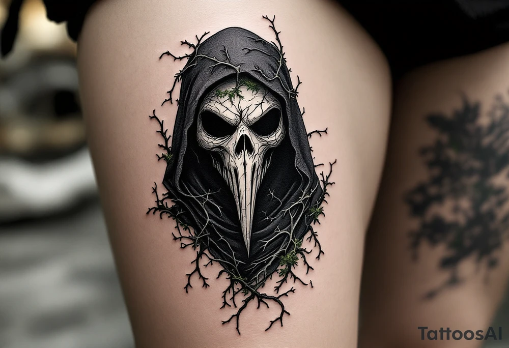 Plague Doctor with Thorned Vines – A mysterious plague doctor with tipical mask cloaked in dark green and black, with thorny vines creeping over the robe and mask, symbolizing death and rebirth. The mask is cracked, with moss growing in its crevices. tattoo idea