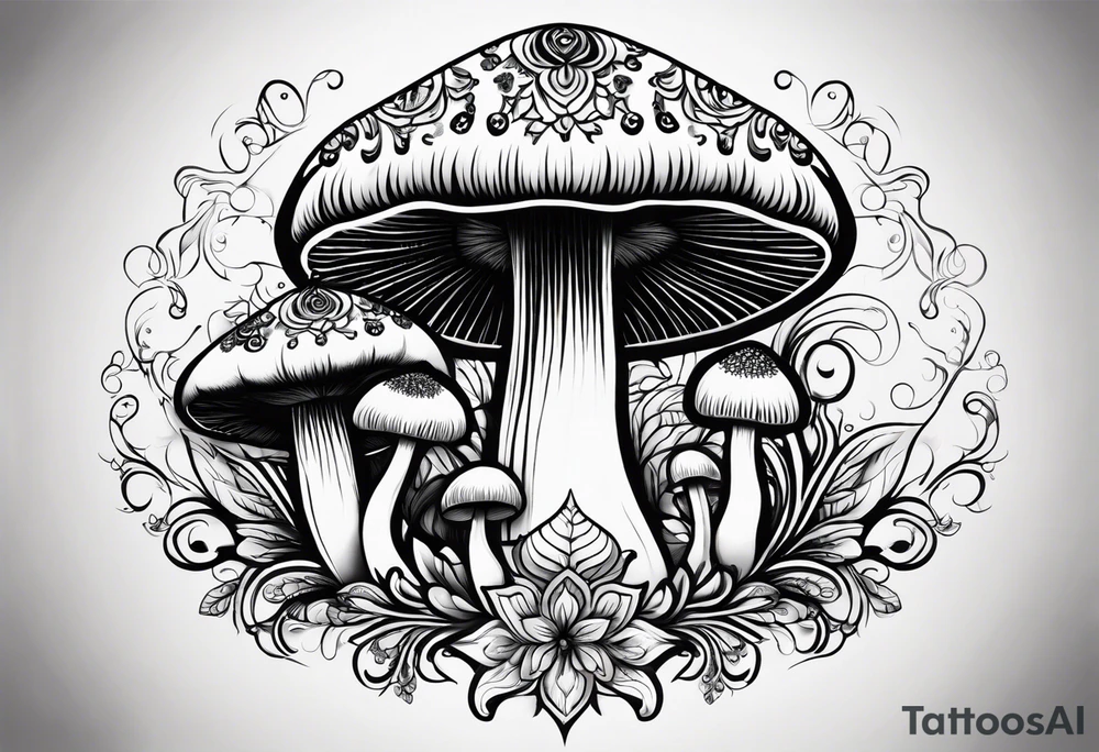 Large Shaggy cap mushroom dripping ink off cap with 4 smaller mushrooms around it mandala henna black tattoo design tattoo idea