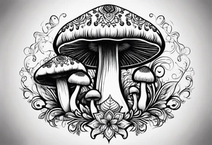 Large Shaggy cap mushroom dripping ink off cap with 4 smaller mushrooms around it mandala henna black tattoo design tattoo idea