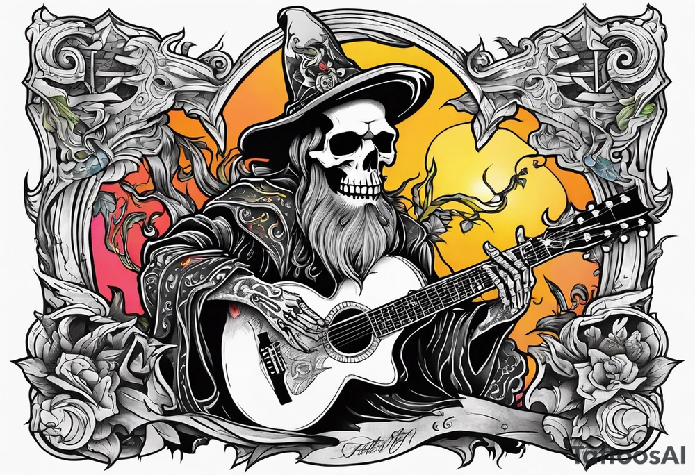 Wizard skeleton with guitar tattoo idea