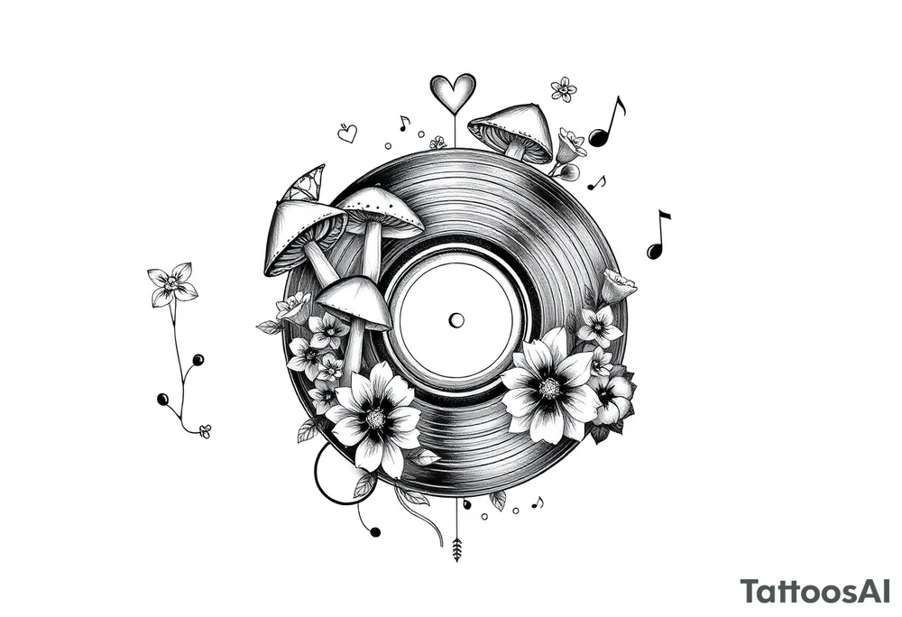 vinyl record with mushrooms, flowers, hearts, and music notes tattoo idea